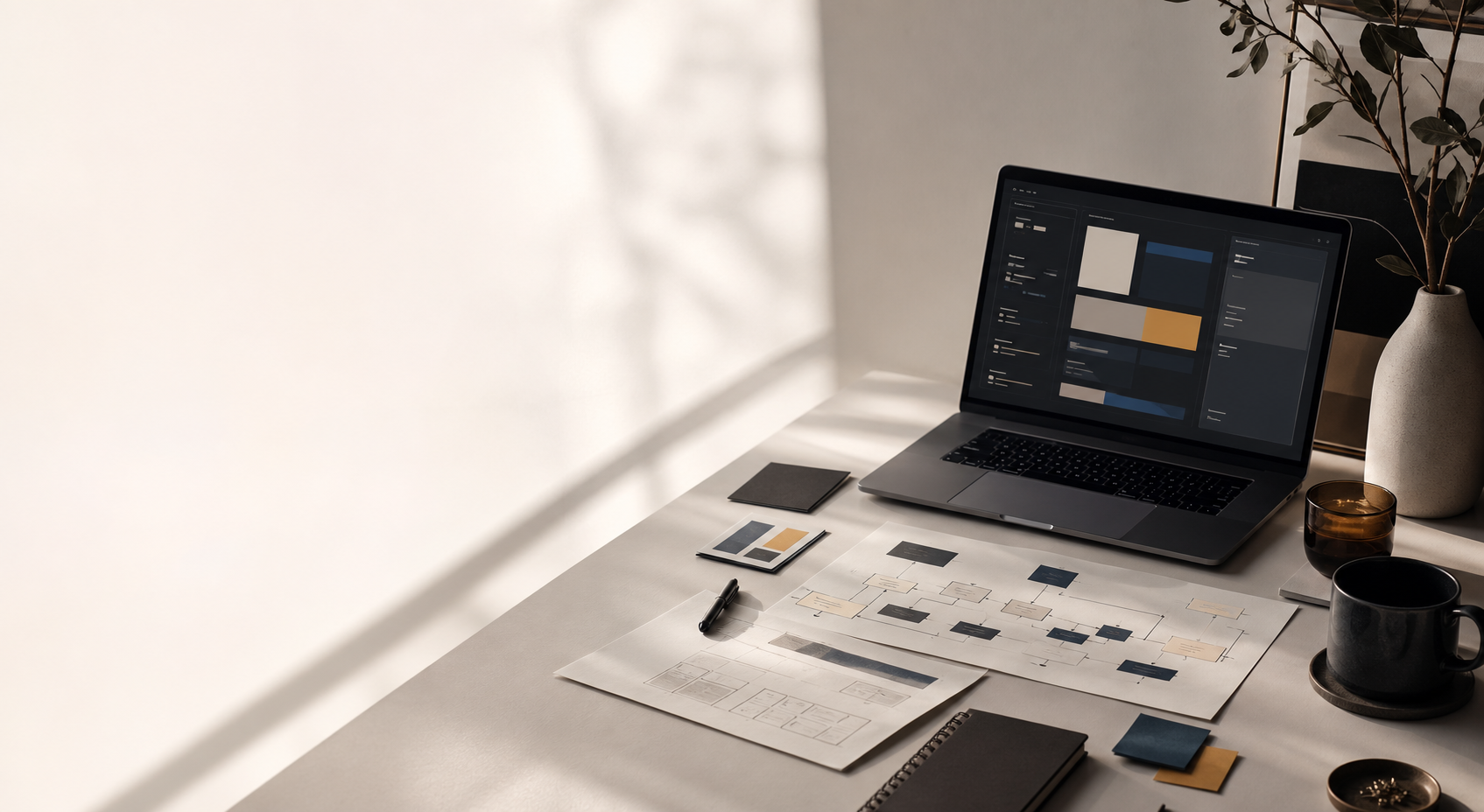 A calm workspace with software design notes and a laptop